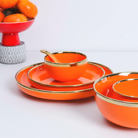 Service de table moderne en céramique de luxe, rond, 6 pièces, étanche, avec bordure dorée, pour restaurant et cadeau de mariage