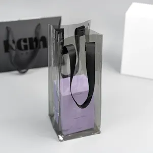 Recyclebare Luxe Doorzichtige Plastic Pvc-Wijn Ijskoeltassen Waterdichte Transparante Zwarte Jelly Boodschappentassen Met Logo Op Maat