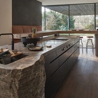 Dernier Design Comptoir de Cuisine avec Évier Travail de Luxe Bar à Manger Îlot de Cuisine en Marbre Table en Bois avec Armoire et Évier