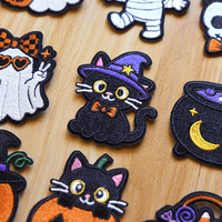 Patchs brodés thermocollants mignons de dessins animés pour Halloween : Chat noir, Citrouille, Fantôme
