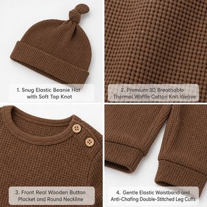 Set Abbigliamento Invernale da 3 Pezzi per Neonati 0-9 Mesi in Cotone da Boutique con Top Tinta Unita Pantaloni e Cappello per Bambino e Bambina - Product Image 3