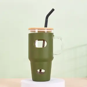 BPA Free 32oz 1000ml Silikon abdeckung Glas becher mit Bambus deckel Wieder verwendbare Becher Tasse Trink flaschen gläser für Eis kaffee