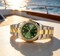 Montre-bracelet bicolore pour hommes d'affaires, cadran vert soleil, chiffres romains, affichage de la date à 3 heures, bracelet en acier
