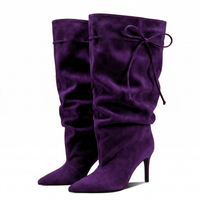 Bottes hautes plissées en daim à lacets pour femmes, talons fins, couleurs personnalisées, bout pointu, style papillon, chaussures longues et larges pour dames