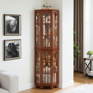 Corner <strong>Curio</strong> <strong>Cabinet</strong> with 4 Adjustable Tempered Glass Shelves and Lighting System, Solid Wood Legs - Product Image 6