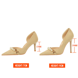 European and American Style Super High Heel Suede Shallow Mouth <b>Pointed</b> Pearl Metal Chain Side Hollow-out Single Shoes - Product Image 3
