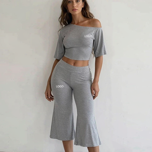 Custom Women Gray Crop Top And Flared Pants Two Piece <b>Suits</b> Casual Loungewear Sport Wear Outfit For Ladies Sets - Product Image 1
