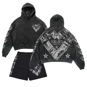 Conjunto deportivo de dos piezas de algodón 100% con capucha y pantalones cortos, estilo urbano, estampado, para otoño. - Product Image 1