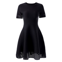 Robe Courte Décontractée d'Été pour Femme, Col Rond, Taille Haute, Manches Courtes, Tricotée Creuse, Coupe Trapèze, Vente en Gros