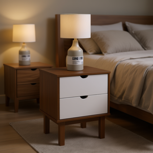 Comodino in legno massello di pino con 2 cassetti, mobile moderno e minimalista per la camera da letto, colore bianco e marrone - Product Image 2