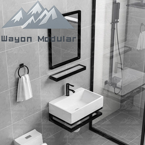 Lavabo da Parete in Stile Industriale Premium con Specchio con Cornice Nera <span class=keywords><strong>e</strong></span> Mensola Portaoggetti, Mobile Bagno Minimalista Compatto - Product Image 1