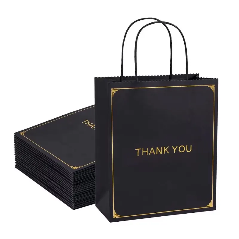 Sacchetto di carta per imballaggio regalo di lusso personalizzato piccola lamina d'oro stampa grazie sacchetti regalo kraft con manico