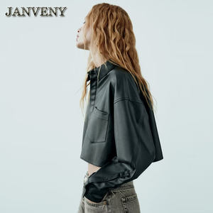 JANVENY 2024 primavera autunno <span class=keywords><strong>camicia</strong></span> ampia <span class=keywords><strong>giacca</strong></span> di pelle donna manica lunga tasca anteriore Versatile camicetta corta in <span class=keywords><strong>ecopelle</strong></span> cappotto - Product Image 2