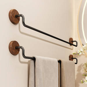 Walnut Wood Towel Rack Wall Mounted Self Adhesive Single Bar Bathroom Storage Shelf Minimalist Design 1 Layer 1 5kg Capacity - Product Image 1
