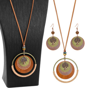 Ensemble collier et boucles d'oreilles Life Tree, en bois et alliage de cuivre, plaqué bronze antique, style bohème, bijoux pour femmes - Product Image 4