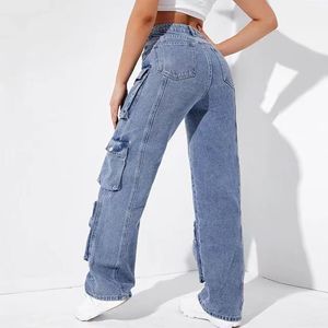 Pantalon décontracté taille haute classique à poches, coupe large, en <span class=keywords><strong>jean</strong></span> pour femme, style baggy boyfriend, pantalon <span class=keywords><strong>cargo</strong></span> en <span class=keywords><strong>jean</strong></span> pour femme - Product Image 2