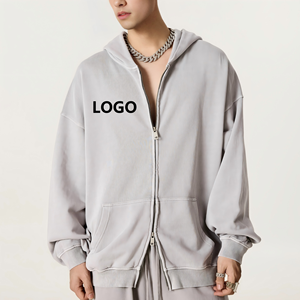 Sudadera con Capucha y Cremallera Extra Grande para Hombre, 100% Algodón, Felpa Francesa, Color Sólido, Diseño Casual con Logotipo Frontal, Ropa de Otoño - Product Image 1