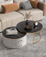 Table de salon en métal en pierre frittée, meuble de maison de luxe, dessus noir, Table basse ronde en marbre doré, vente en gros