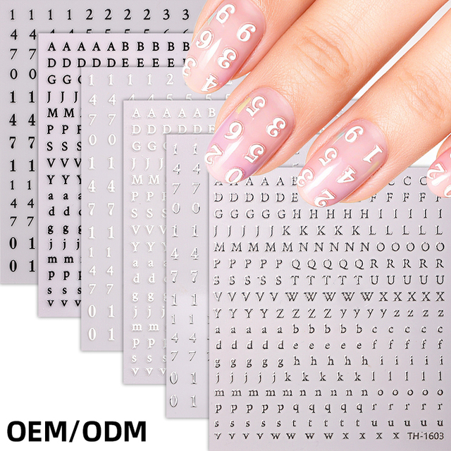 3D 5D Number Letter Glossy Self-Adhesive Decal Black White Silver Foil Nail Decoration Nail Art Stickers Salon DIY Nail Decals