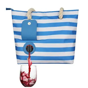 Fashionable Insulated Compartment Beach Tote Wine Bag with Hidden Spout and Dispenser Flask