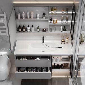 Modern Solid Wood & MDF Bathroom Vanity Unit with Ceramic Basin Wall-Mounted <b>Cabinet</b> and LED Mirror - Product Image 3