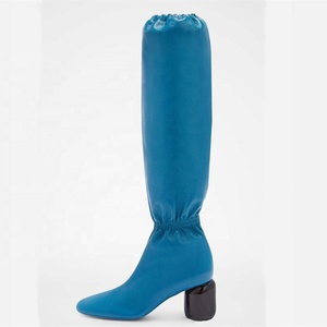 2022 Autumn Winter Western Mesh Square Toe Elastic <b>Sewing</b> Fashion Boots Round High Heel Knee-High Big Size 44 Women Shoes - Product Image 3