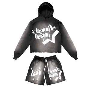 Custom Hoodie And Shorts Set New Arrival 2024 Cropeed Hoodies And Jogger Set Acid Wash Sweatsuit Tracksuit For Men