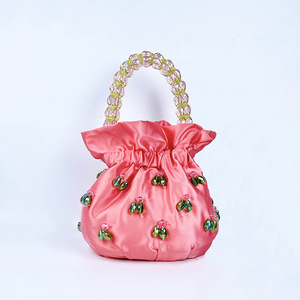 Ladies Fashion Open for <strong>Green</strong> Crystal Pearl Canvas <strong>Clutch</strong> with Drawstring Handmade Satin Handbag Purse Women Cross-Body Strap - Product Image 4