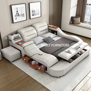 Furnitur kamar tidur pintar, kasur angkat kulit ukuran besar dengan Speaker WiFi pengisi daya USB pijat
