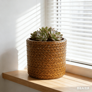 Maceta de Cerámica Estilo Americano, Color Marrón Glaseado, Textura Tejida, Decorativa para Interiores/Exteriores, Jardín y Patio - Product Image 1