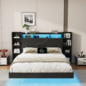 <span class=keywords><strong>Lit</strong></span> flottant moderne double avec station de charge USB, tête de <span class=keywords><strong>lit</strong></span> avec rangement, éclairage LED intégré, structure en métal robuste pour chambre à coucher - Product Image 1