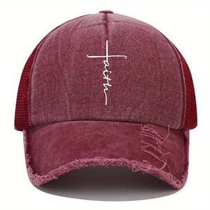 Faith Cross Impreso Gorra de béisbol Vintage Raw Hem Lavado Desgastado Malla transpirable Sombrero para el sol Sombreros ajustables para papá - Product Image 4
