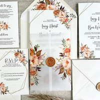 Invitación de Boda de Otoño en Papel Vellum de Lujo con Diseño Floral en Naranja Quemado y Sello de Cera