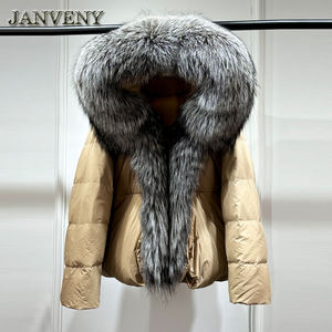 JANVENY nuovo inverno da <span class=keywords><strong>donna</strong></span> con collo in pelliccia di vera volpe giacca imbottita calda e spessa giacca da <span class=keywords><strong>donna</strong></span> con cappuccio, cappotto termico impermeabile - Product Image 1
