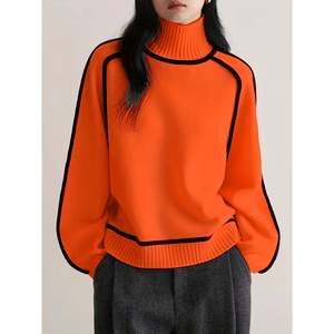 Pull à col roulé avec bordure contrastée, couleur olive brun, taille S, pulls pour femmes - Product Image 2