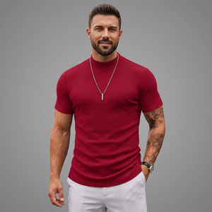 เสื้อยืดคอกลมแขนสั้นสีแดงสำหรับผู้ชายแบบถักทรงเข้ารูปลำลองสีทึบ - Product Image 2