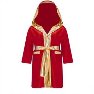 HAWK SPORTS INDUSTRIES <b>Red</b> Hooded Polyester Satin Robe Gold Trim <b>Belt</b> All Seasons for Child Boxing Training/Competition Wear - Product Image 1