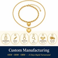 Ensemble collier et bracelet en acier inoxydable plaqué or 18 carats avec perles et breloques en forme de cœur, vente en gros sur mesure