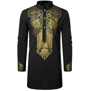 Camicie nere Dashiki stampate tradizionali africane con bottone blu personalizzate per gli uomini - Product Image 6
