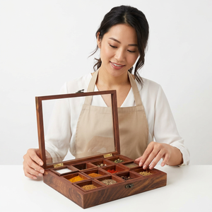 Boîte à épices en bois avec couvercle en verre et compartiments pour herbes, pour le rangement en cuisine - Product Image 1