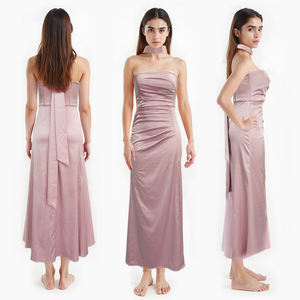 Nuevo vestido de fiesta de satén rosa fuerte-elegante falda acampanada con volantes y abertura - Product Image 1