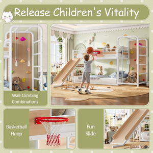 Lit superposé en bois personnalisable, double sur double, profil bas, avec toboggan et mur d'escalade pour chambre d'enfant, uniquement aux États-Unis - Product Image 5