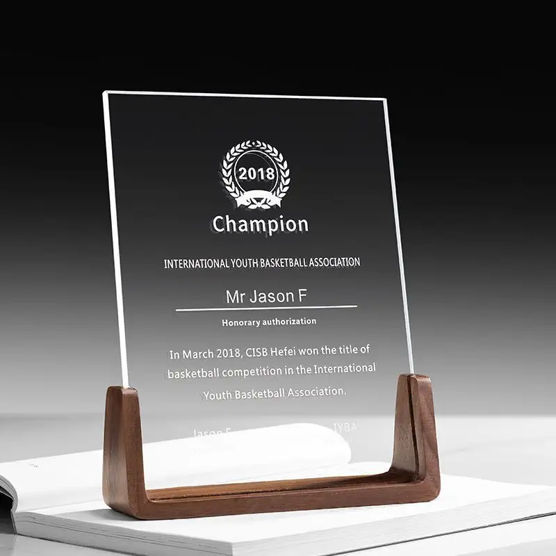 MH-NJ00677 Großhandel benutzer definierte Gravur dunklen Holz Kristall Award Trophäe