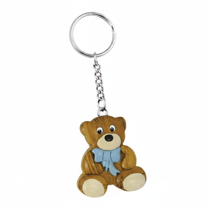 Portachiavi in legno a forma di orsetto in miniatura con fiocco blu per bambini e regali - Product Image 2