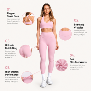 Women Premium Soft Pink Seamless Yoga Set with V Neck Sports Bra High Waist Sculpting <b>Leggings</b> and <b>Booty</b> Scrunch Mini Shorts - Product Image 2