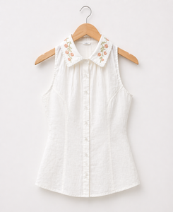 Chemise sans manches boutonnée pour femme, col brodé élégant, décontractée, douce et confortable, haut tendance pour l'été - Product Image 2
