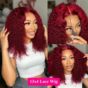 วิกผมบ๊อบสีแดงเบอร์กันดี รุ่น Water Deep Wave Bob 99J  วิกผมหน้าผากลูกไม้ 13x4  ผมแท้ 100% วิกผมบ๊อบสั้นแบบหยิก วิกผมพม่า ความหนาแน่น 200 - Product Image 5