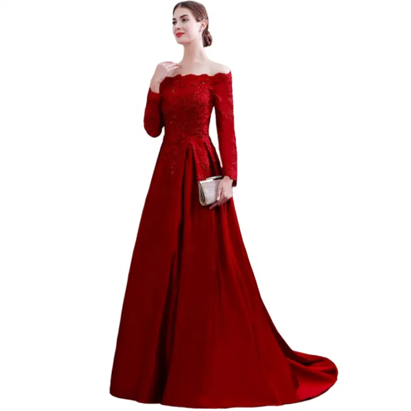 Thanh lịch rượu vang đỏ Evening Dresses Off the Shoulder dài tay áo satin ren đính Burgundy hình thức prom Evening Gown New Arrival