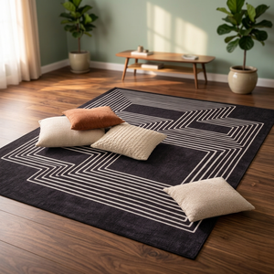 Tapis rectangulaire noir et blanc en laine et acrylique, tufté, antidérapant, pour salon, à poils moyens, avec envers en latex - Product Image 1