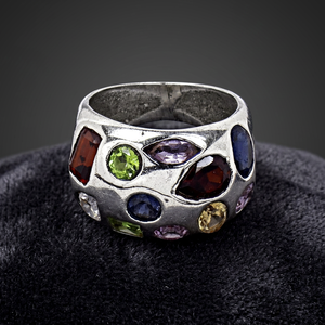 Art Palace <b>Silver</b> Cocktail <b>Ring</b> With Multi Color Gemstones Bezel <b>Set</b> Bohemian Style Unisex Fashion Jewelry - Product Image 1